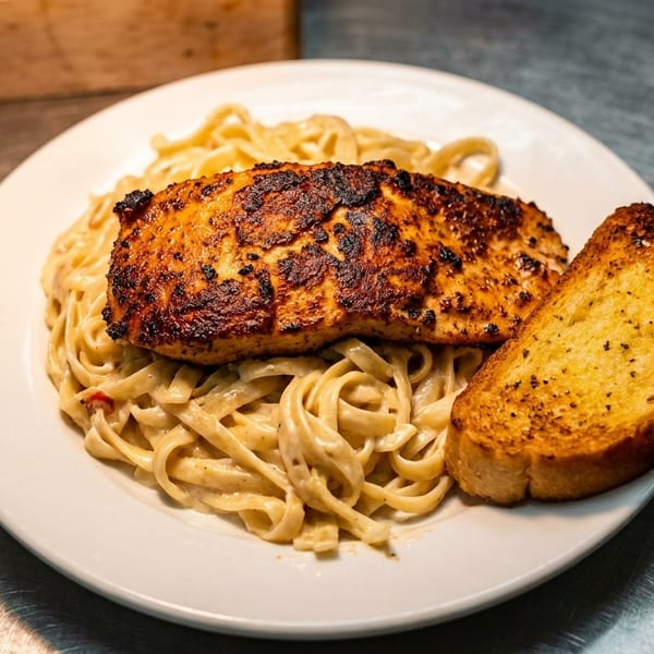 Blackened salmon over fettuccine alfredo with a side of garlic bread on a white plate.