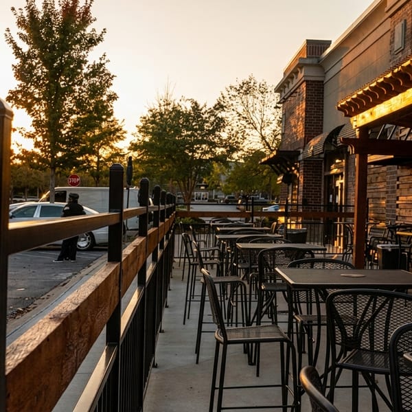 Empty outdoor patio with black metal tables and chairs next to a parking lot at sunset.