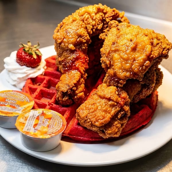 Crispy fried chicken pieces on a red velvet waffle with whipped cream, a strawberry, and syrup.