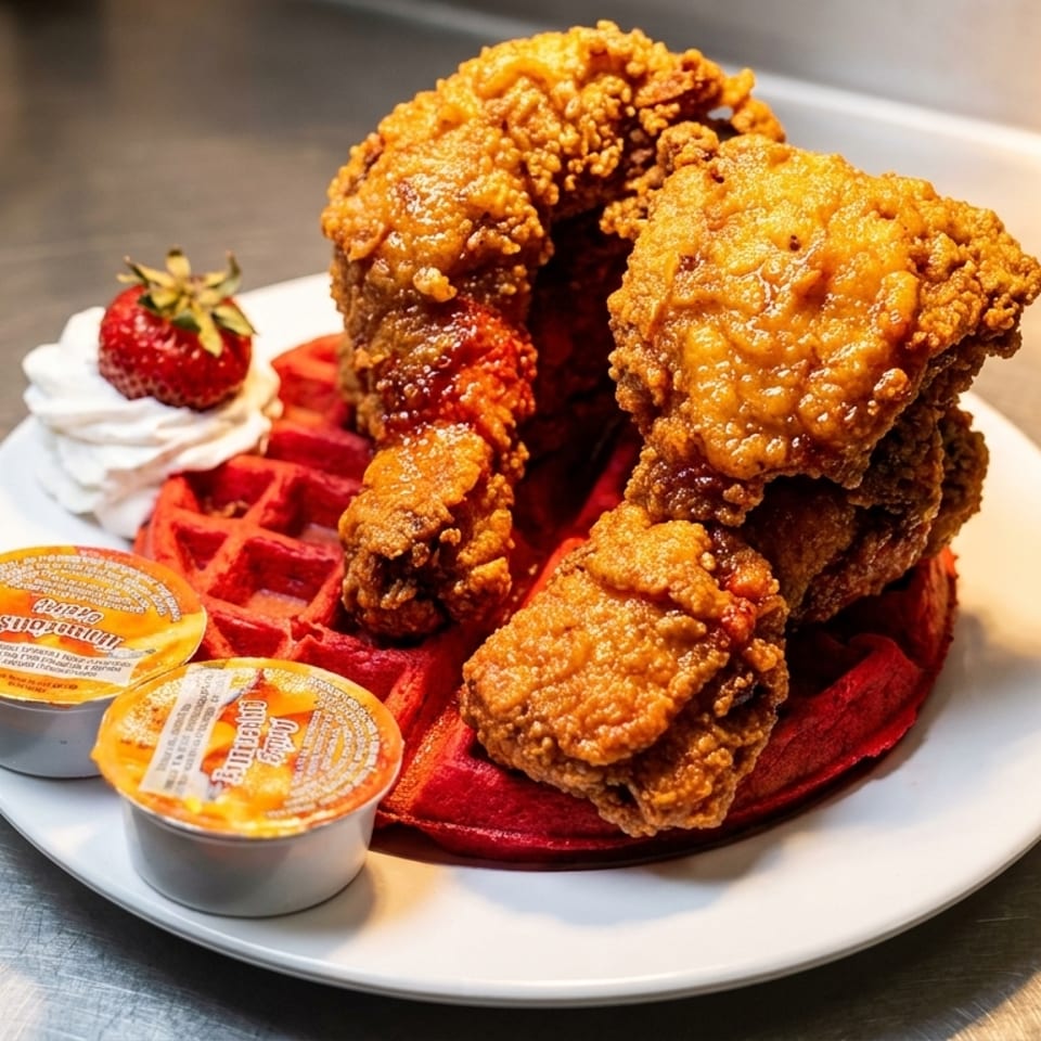 Crispy fried chicken pieces on a red velvet waffle with whipped cream, a strawberry, and syrup.